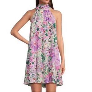 Badgley Mischka Elise Georgette Floral Turtleneck Trapeze Mini Dress size 12